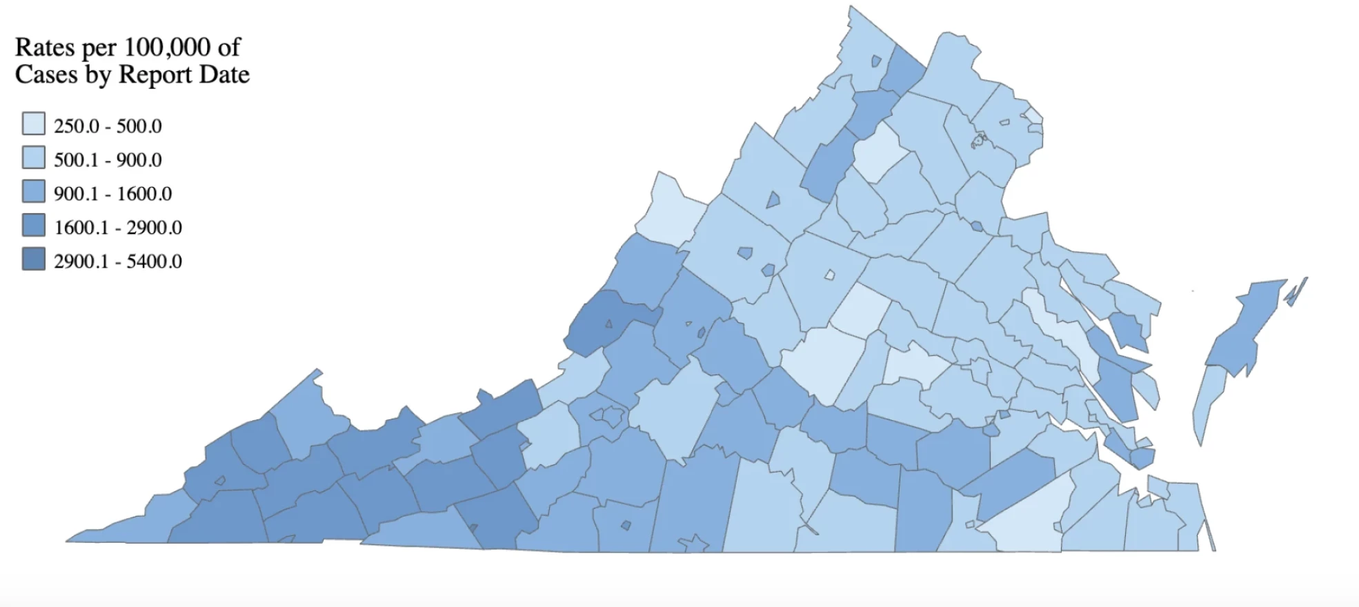 Visualization of rates of COVID-19 infections in Virginia by county over the last 13 weeks.